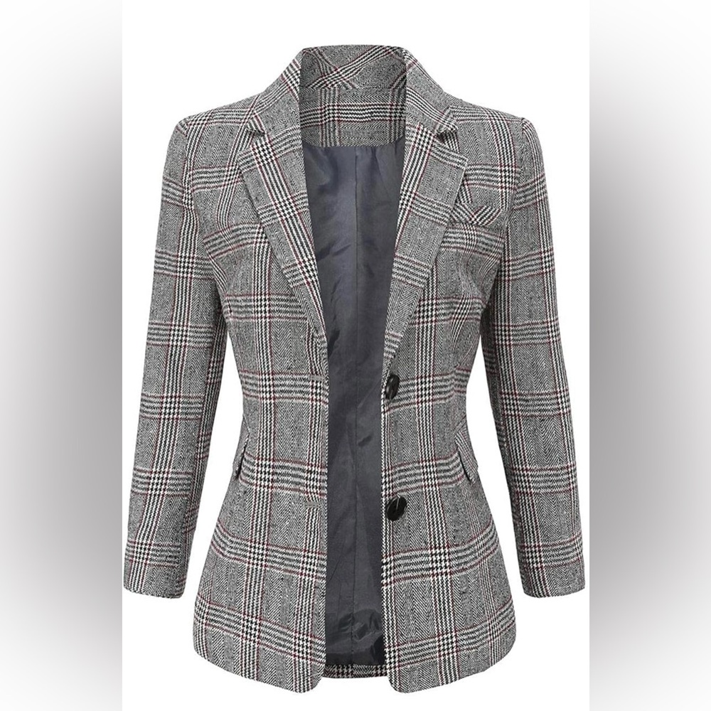Ebossy Houndstooth Plaid Blazer Boyfriend Jacket Casual Business Work Office  XL